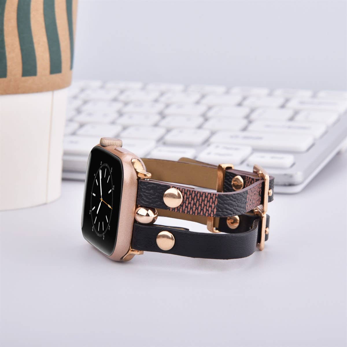 Damier Checkered Apple Watch Band Leather Strap: Ivory/Pink / 42/44/45mm