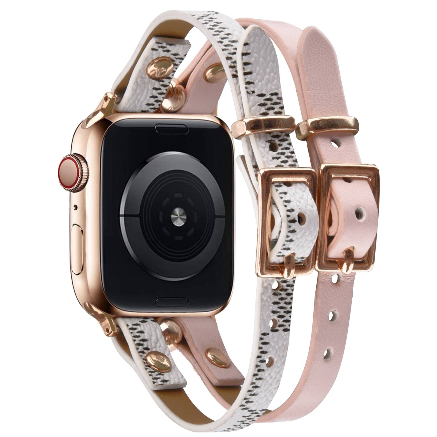 Damier Checkered Apple Watch Band Leather Strap: Ivory/Pink / 42/44/45mm