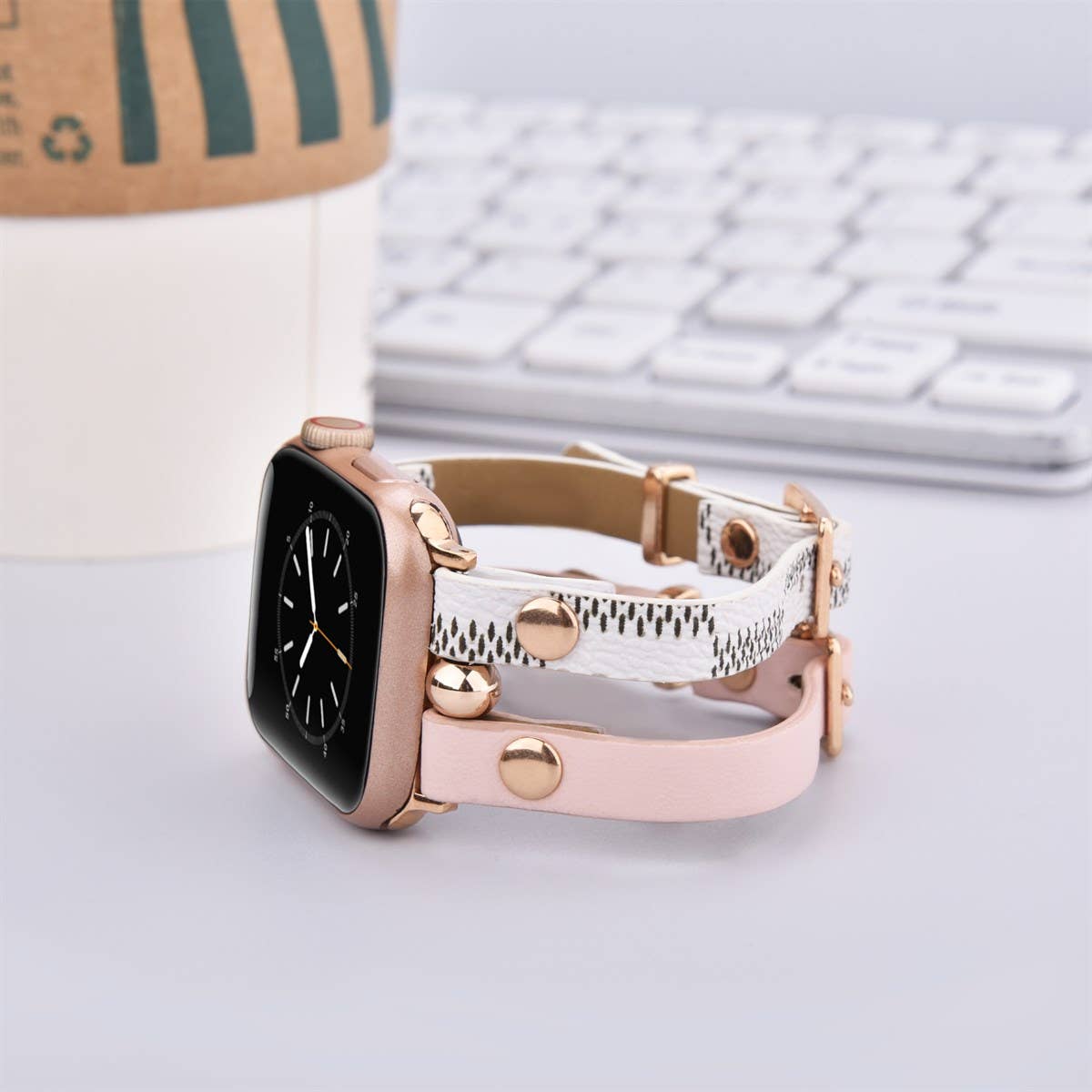 Damier Checkered Apple Watch Band Leather Strap: Ivory/Pink / 42/44/45mm