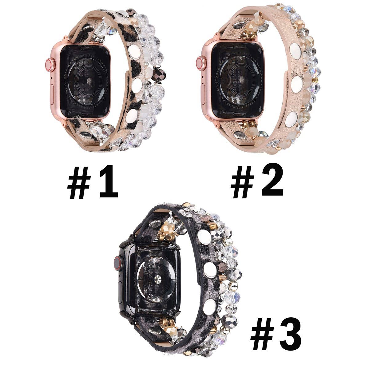 Leopard Calf Leather and Crystal Apple Watch Band: #2 Rosegold / 42/44/45mm