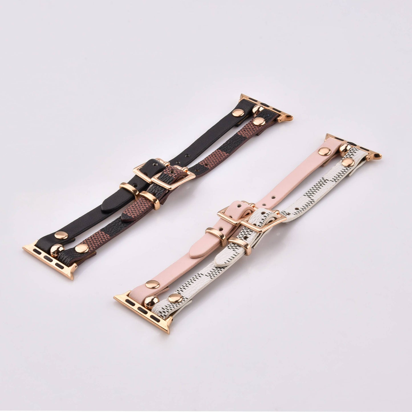 Damier Checkered Apple Watch Band Leather Strap: Ivory/Pink / 42/44/45mm