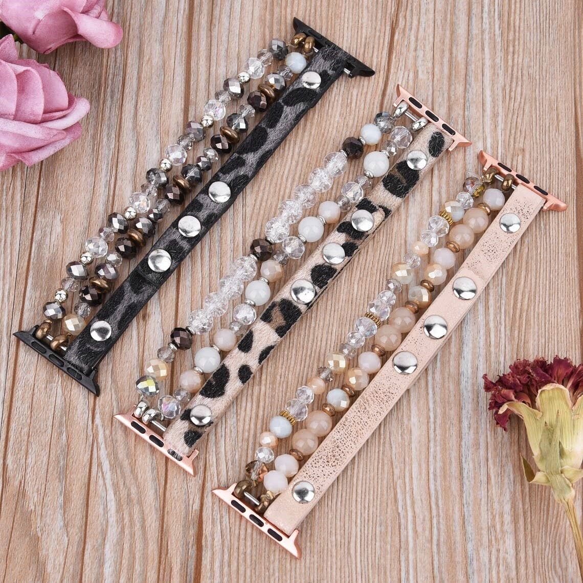 Leopard Calf Leather and Crystal Apple Watch Band: #2 Rosegold / 38/40/41mm