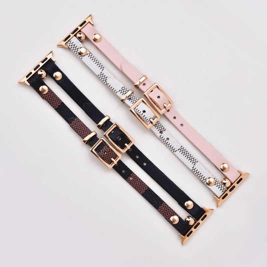 Damier Checkered Apple Watch Band Leather Strap: Ivory/Pink / 38/40/41mm