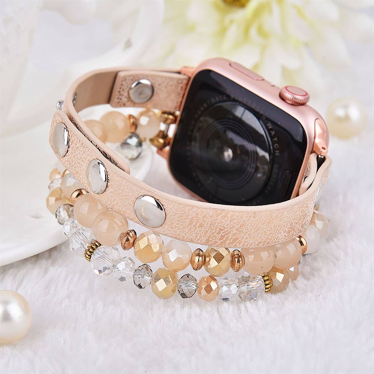 Leopard Calf Leather and Crystal Apple Watch Band: #2 Rosegold / 42/44/45mm