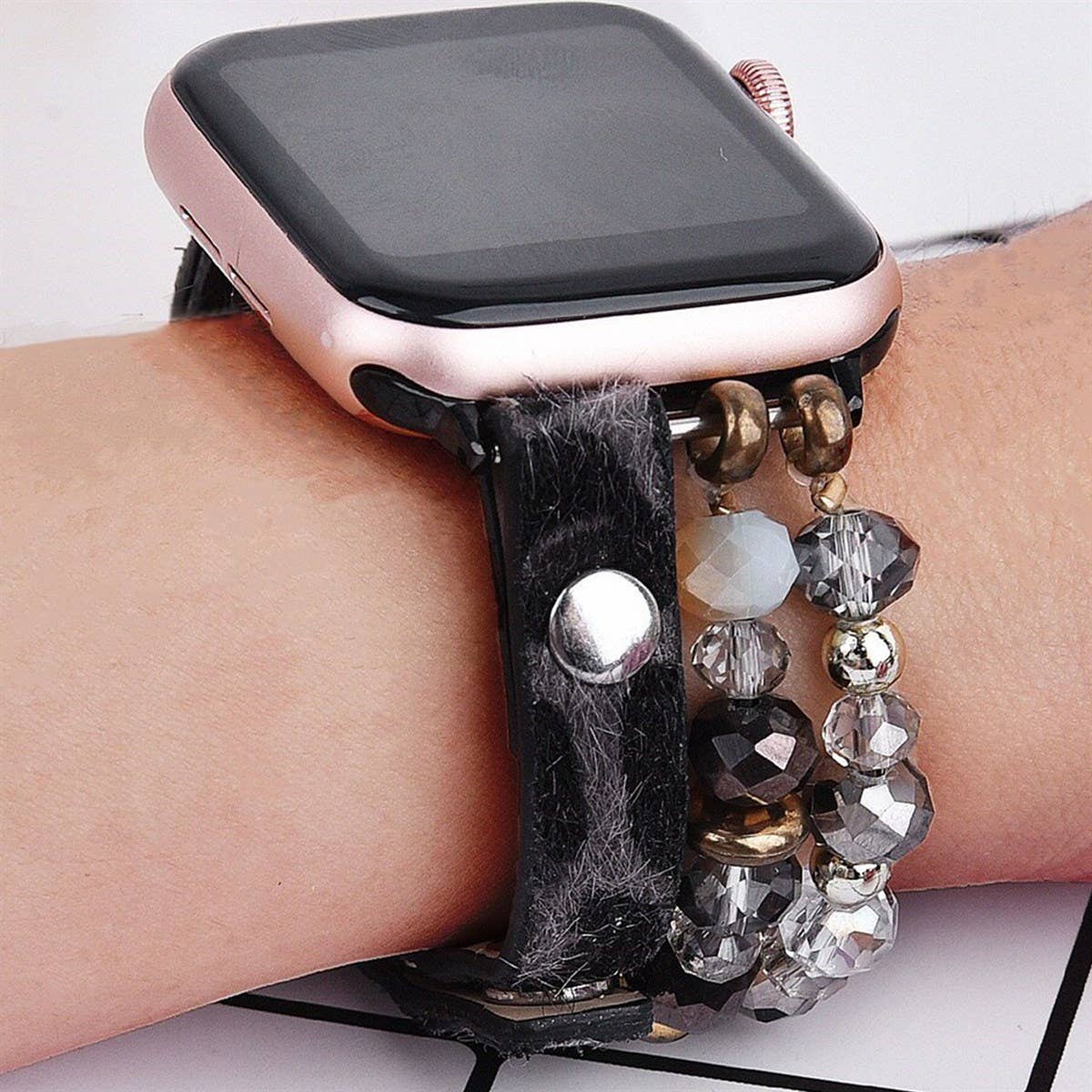 Leopard Calf Leather and Crystal Apple Watch Band: #2 Rosegold / 38/40/41mm