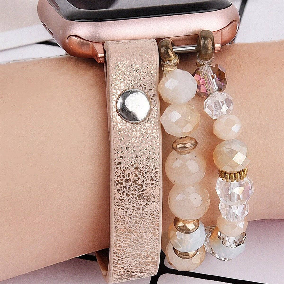 Leopard Calf Leather and Crystal Apple Watch Band: #2 Rosegold / 42/44/45mm